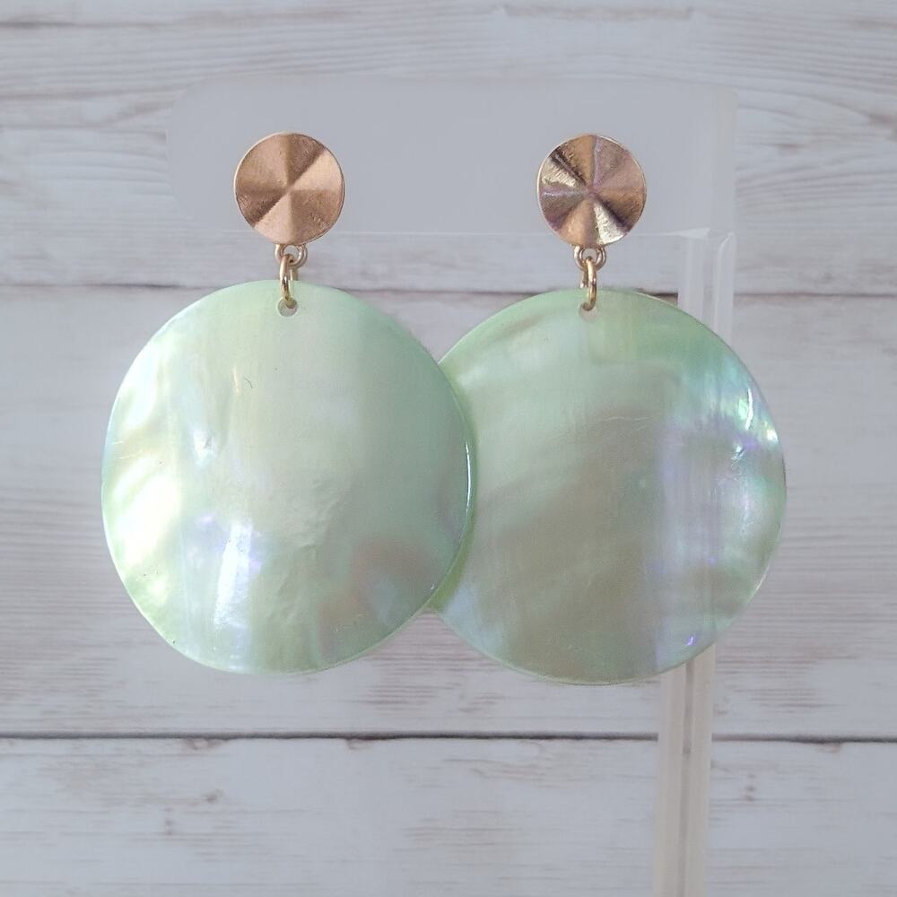 Vintage Stud Earrings Large Green Shell Dangle Statement Beach